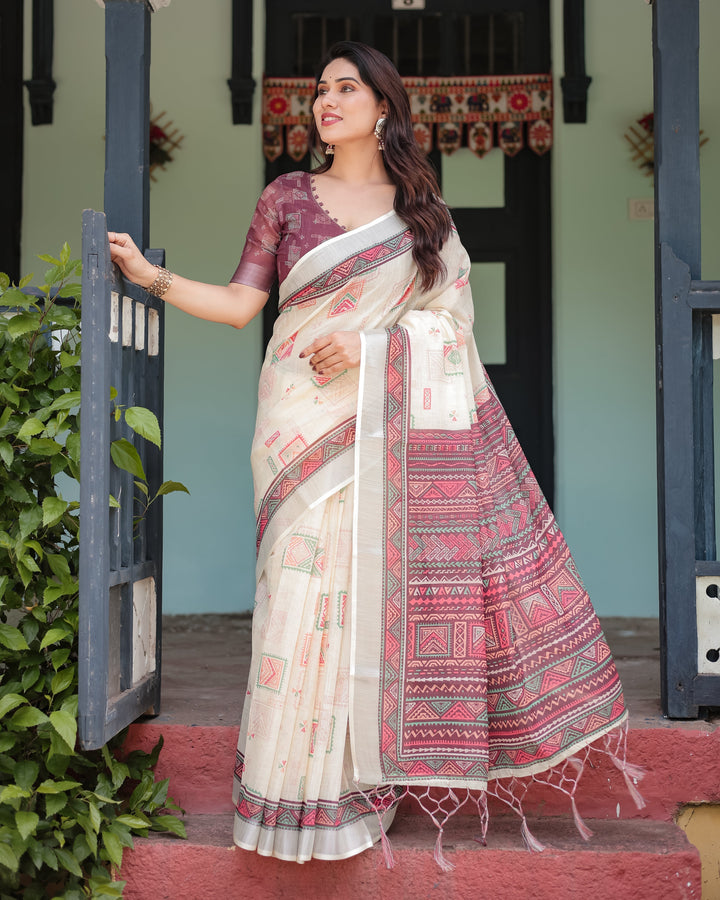 Off-white Pure Cotton Linen Saree with Intricate Geometric Pattern and Tassels on Edges LINEN H 131140