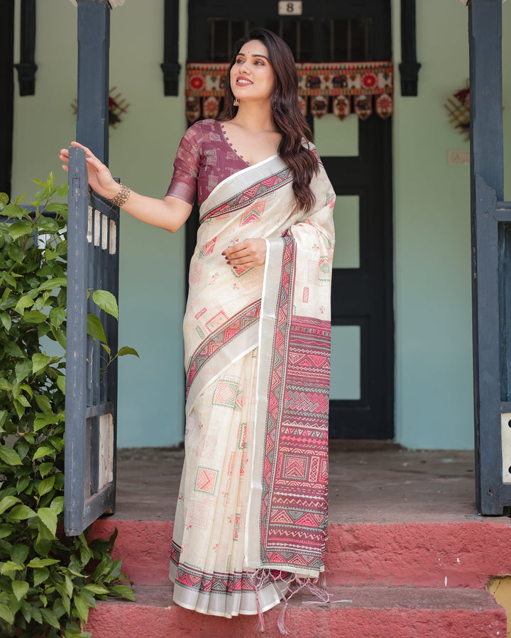 Off-white Pure Cotton Linen Saree with Intricate Geometric Pattern and Tassels on Edges LINEN H 131140