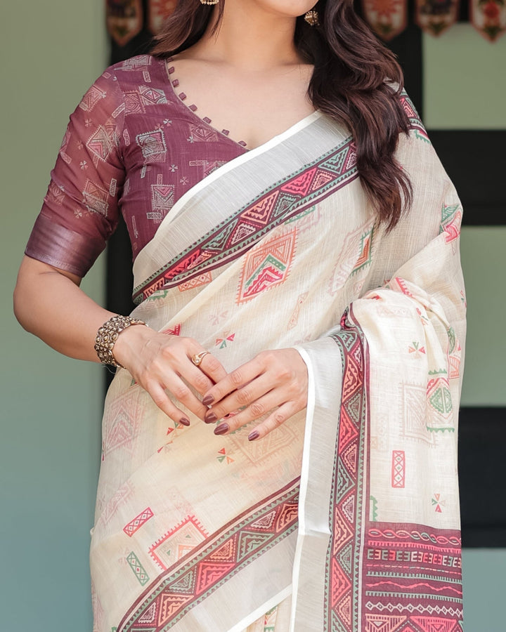 Off-white Pure Cotton Linen Saree with Intricate Geometric Pattern and Tassels on Edges LINEN H 131140