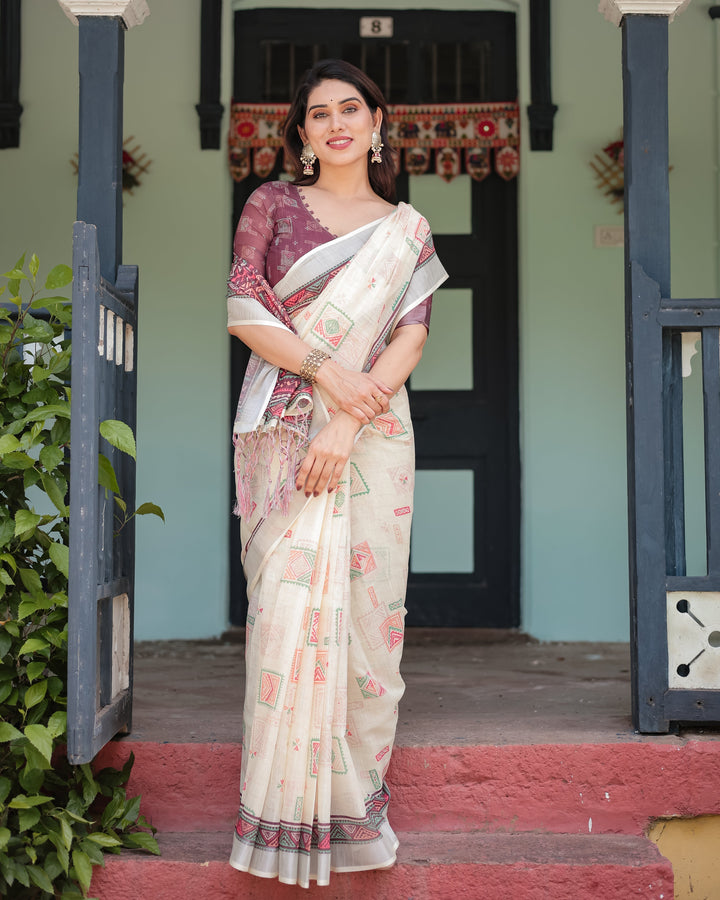 Off-white Pure Cotton Linen Saree with Intricate Geometric Pattern and Tassels on Edges LINEN H 131140