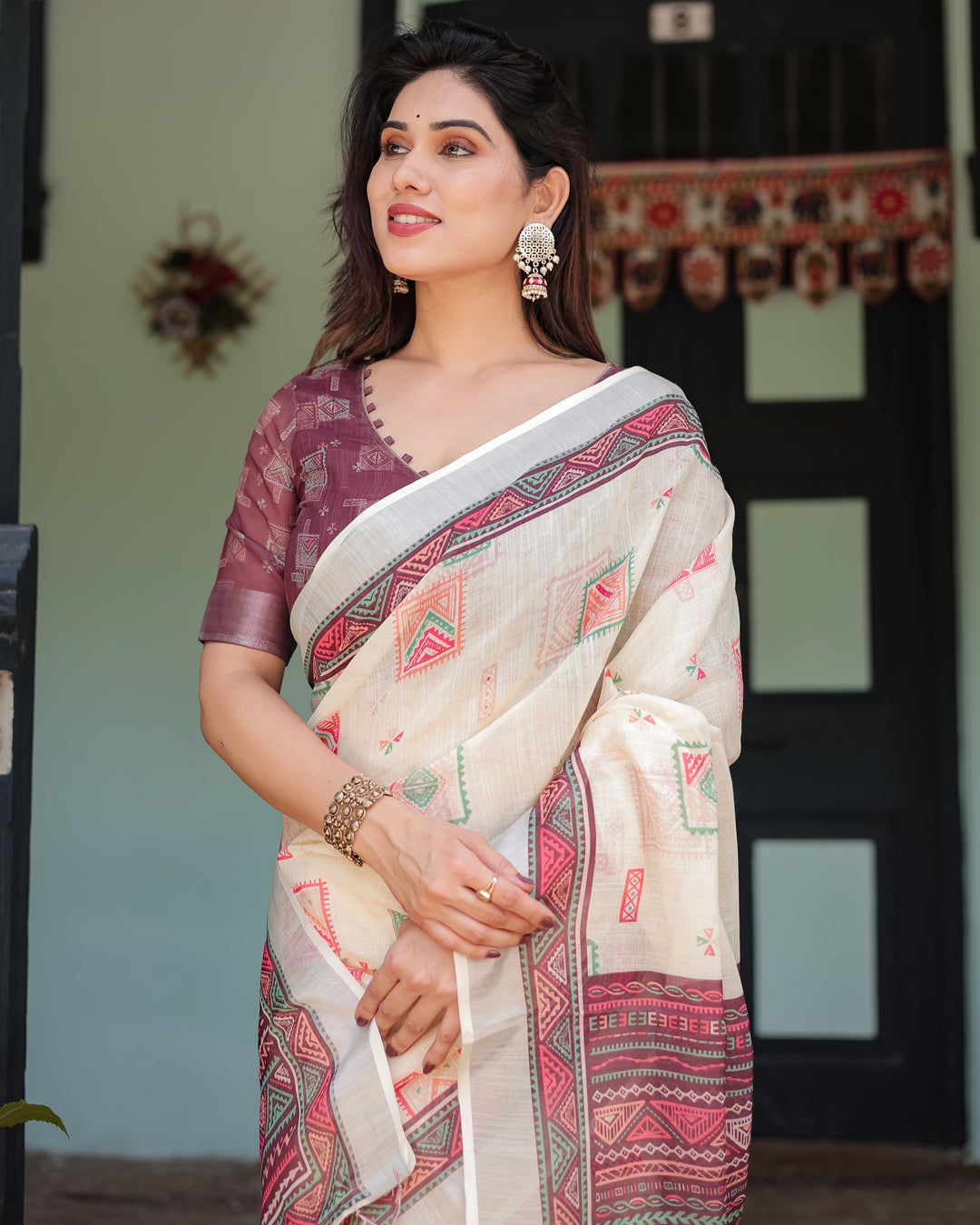 Off-white Pure Cotton Linen Saree with Intricate Geometric Pattern and Tassels on Edges LINEN H 131140