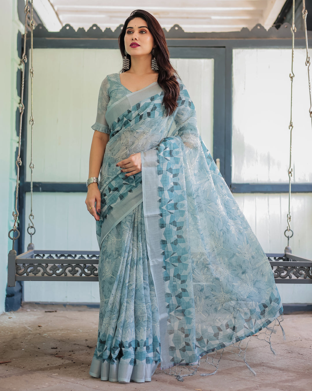 Light Blue Pure Cotton Linen Saree with Geometric and Floral Patterns Blouse and Tassels LINEN H 141150