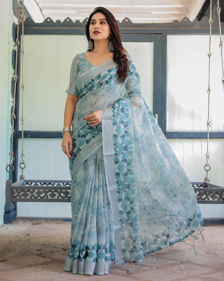 Light Blue Pure Cotton Linen Saree with Geometric and Floral Patterns Blouse and Tassels LINEN H 141150