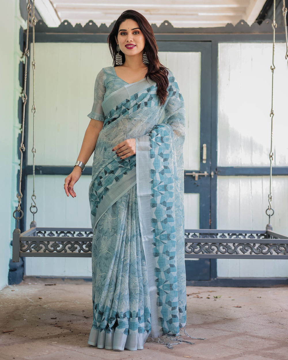 Light Blue Pure Cotton Linen Saree with Geometric and Floral Patterns Blouse and Tassels LINEN H 141150