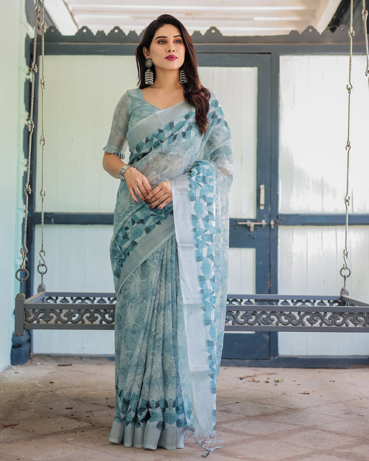 Light Blue Pure Cotton Linen Saree with Geometric and Floral Patterns Blouse and Tassels LINEN H 141150