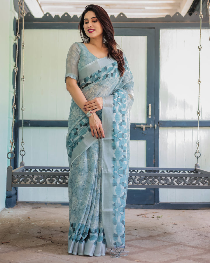Light Blue Pure Cotton Linen Saree with Geometric and Floral Patterns Blouse and Tassels LINEN H 141150