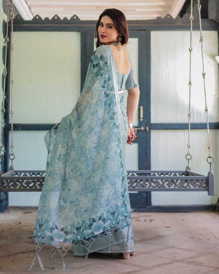 Light Blue Pure Cotton Linen Saree with Geometric and Floral Patterns Blouse and Tassels LINEN H 141150