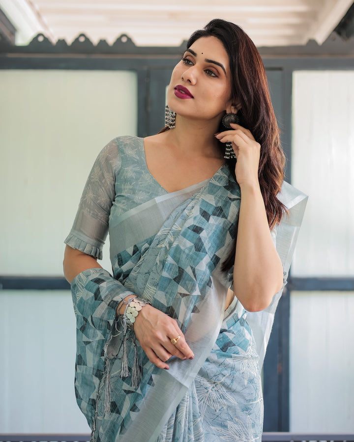 Light Blue Pure Cotton Linen Saree with Geometric and Floral Patterns Blouse and Tassels LINEN H 141150