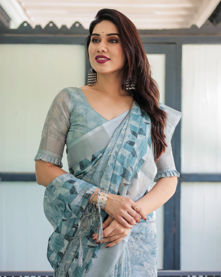 Light Blue Pure Cotton Linen Saree with Geometric and Floral Patterns Blouse and Tassels LINEN H 141150