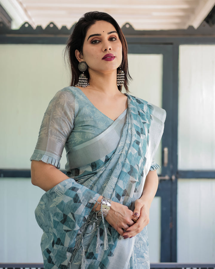 Light Blue Pure Cotton Linen Saree with Geometric and Floral Patterns Blouse and Tassels LINEN H 141150