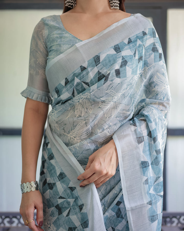 Light Blue Pure Cotton Linen Saree with Geometric and Floral Patterns Blouse and Tassels LINEN H 141150