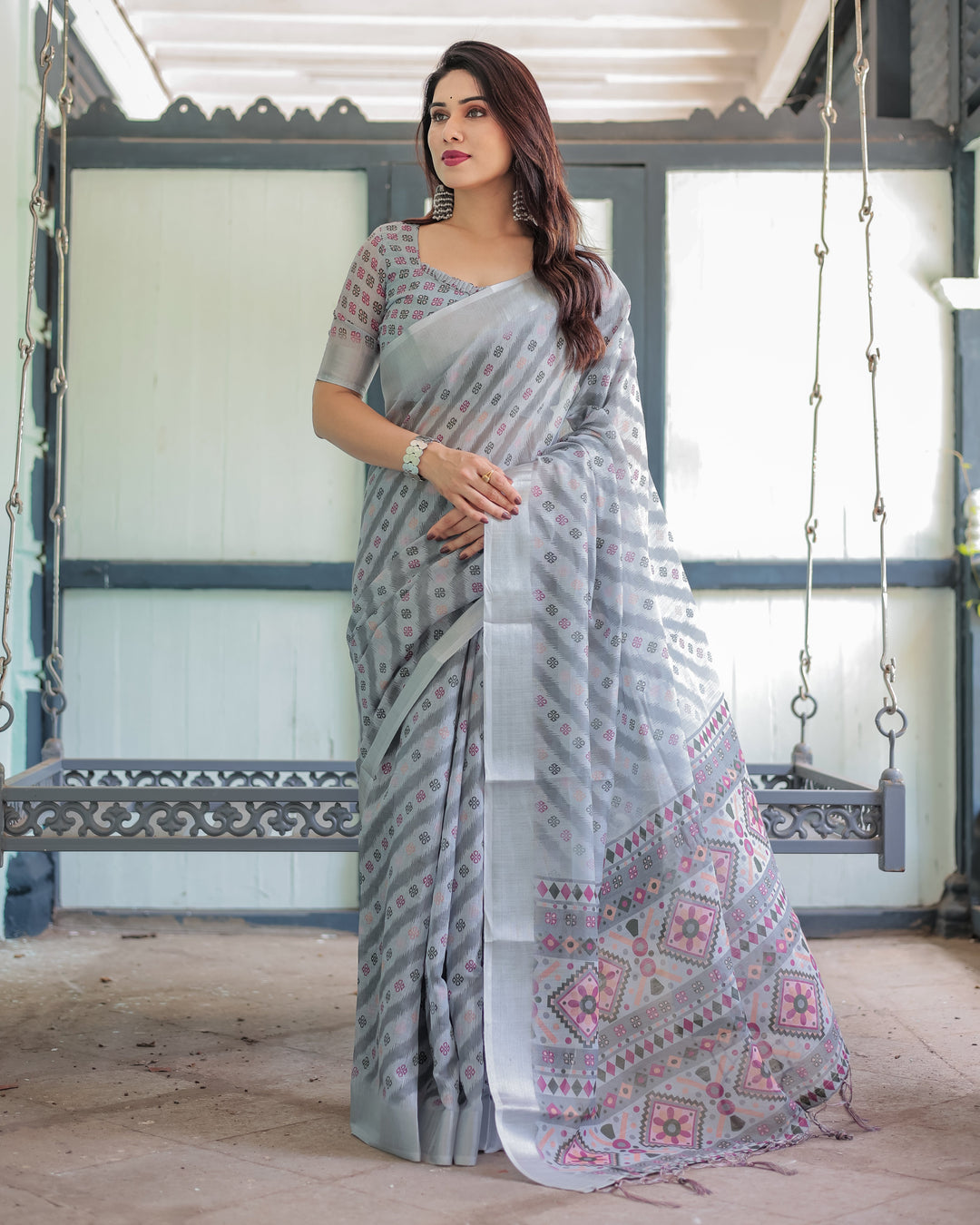 Grey Pastel Geometric & Floral Print Pure Cotton Linen Saree with Blouse and Tassels LINEN H 141150