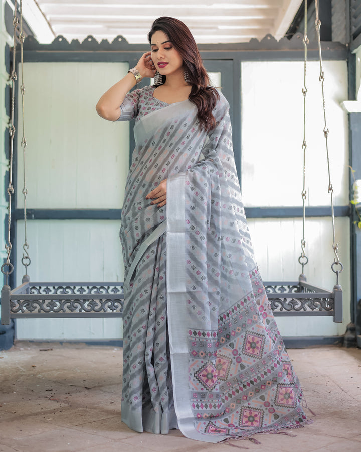 Grey Pastel Geometric & Floral Print Pure Cotton Linen Saree with Blouse and Tassels LINEN H 141150