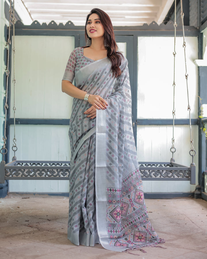 Grey Pastel Geometric & Floral Print Pure Cotton Linen Saree with Blouse and Tassels LINEN H 141150