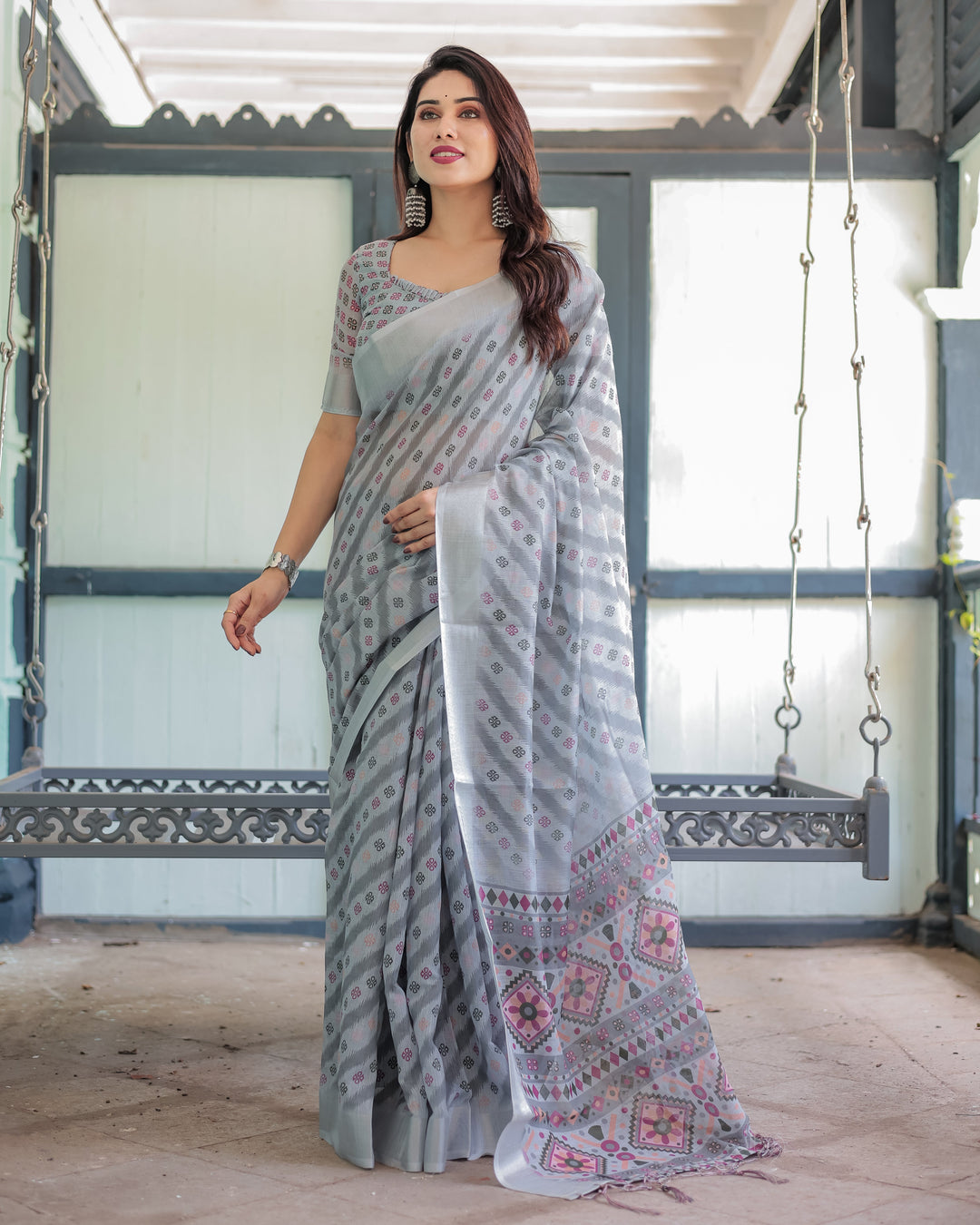 Grey Pastel Geometric & Floral Print Pure Cotton Linen Saree with Blouse and Tassels LINEN H 141150