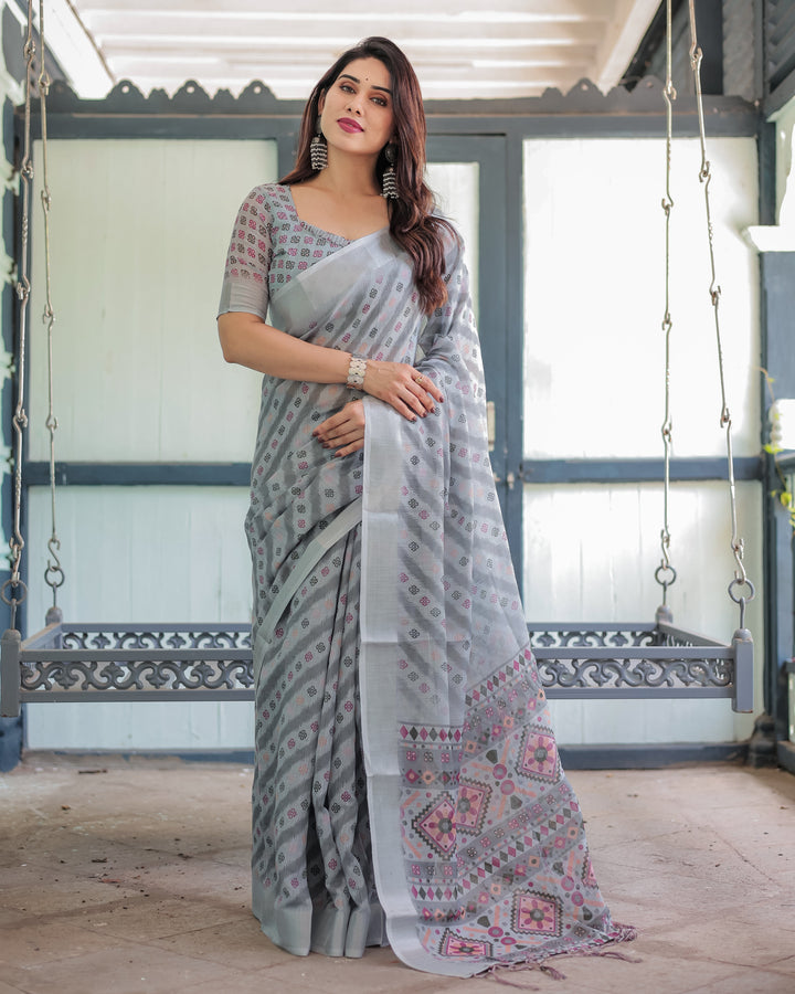 Grey Pastel Geometric & Floral Print Pure Cotton Linen Saree with Blouse and Tassels LINEN H 141150