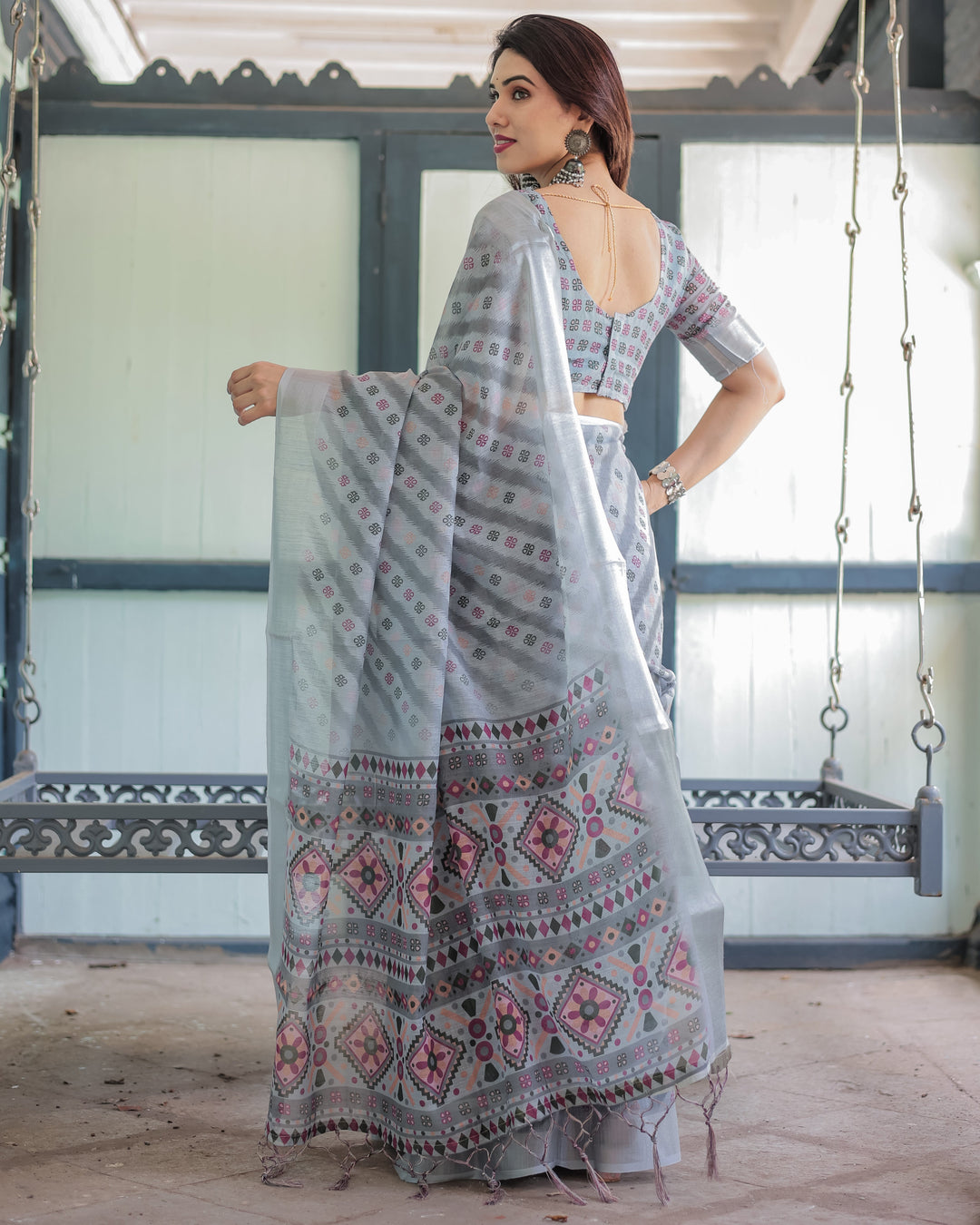 Grey Pastel Geometric & Floral Print Pure Cotton Linen Saree with Blouse and Tassels LINEN H 141150