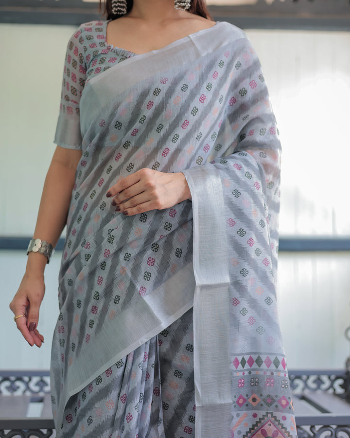 Grey Pastel Geometric & Floral Print Pure Cotton Linen Saree with Blouse and Tassels LINEN H 141150