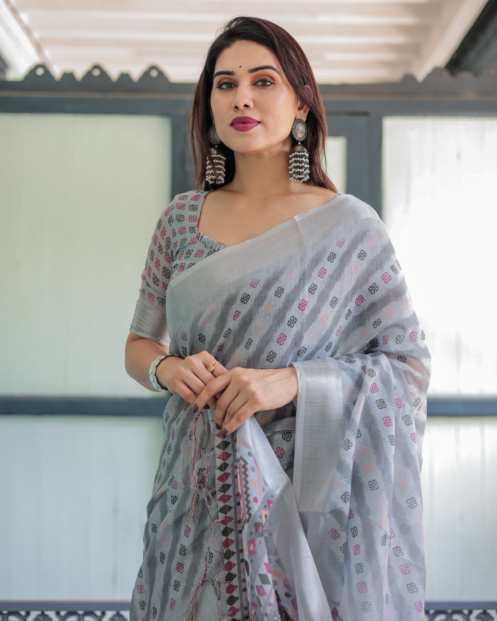 Grey Pastel Geometric & Floral Print Pure Cotton Linen Saree with Blouse and Tassels LINEN H 141150