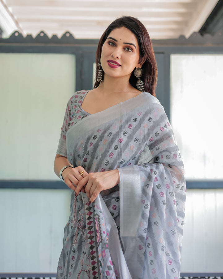 Grey Pastel Geometric & Floral Print Pure Cotton Linen Saree with Blouse and Tassels LINEN H 141150