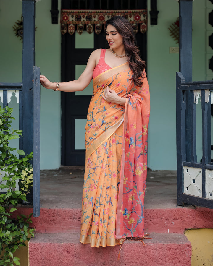 Peach and Orange Pure Cotton Linen Saree with Floral and Bird Print Blouse and Tassel Detailing LINEN H 101110