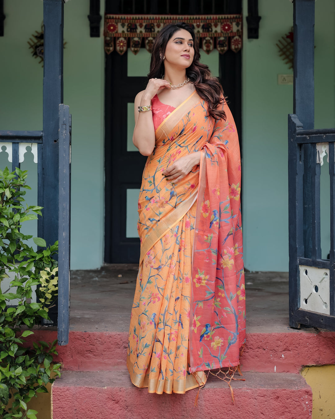 Peach and Orange Pure Cotton Linen Saree with Floral and Bird Print Blouse and Tassel Detailing LINEN H 101110