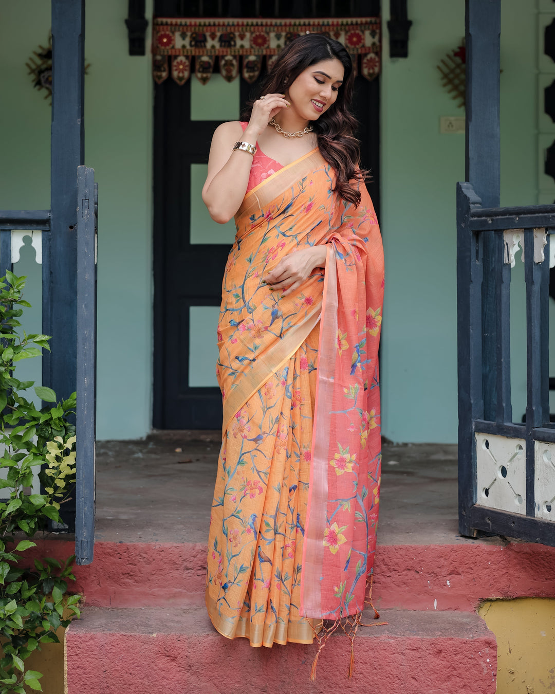 Peach and Orange Pure Cotton Linen Saree with Floral and Bird Print Blouse and Tassel Detailing LINEN H 101110