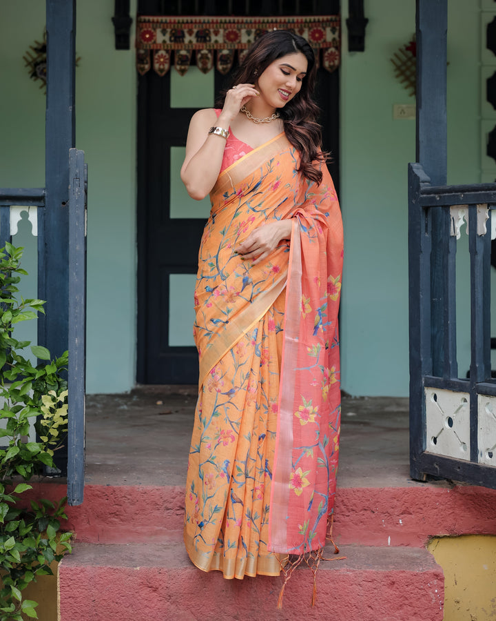 Peach and Orange Pure Cotton Linen Saree with Floral and Bird Print Blouse and Tassel Detailing LINEN H 101110