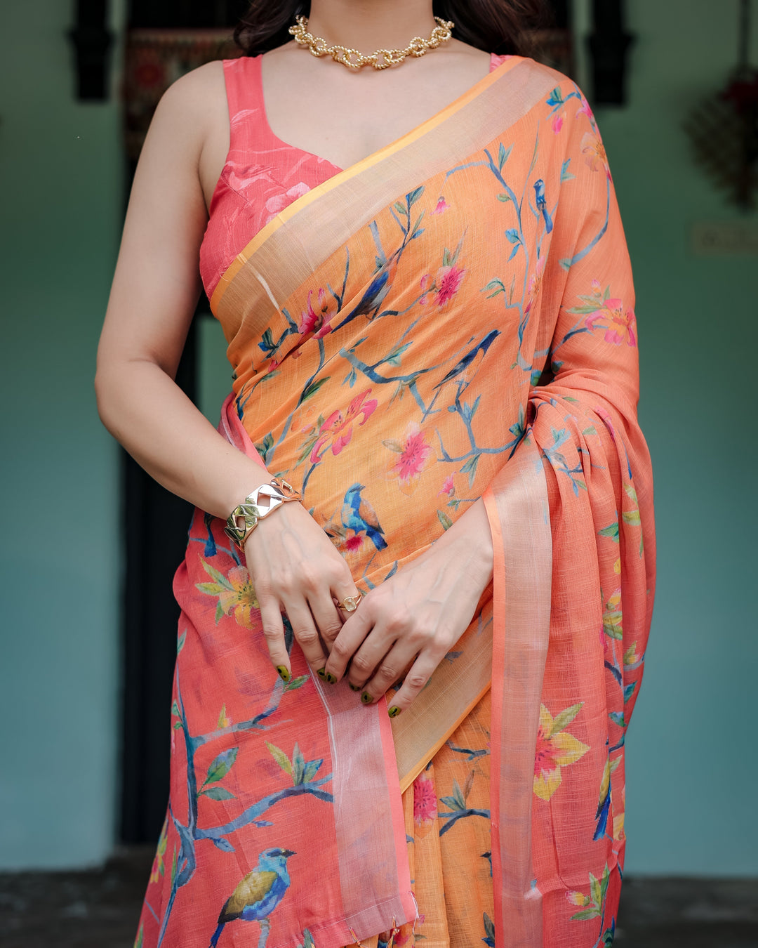 Peach and Orange Pure Cotton Linen Saree with Floral and Bird Print Blouse and Tassel Detailing LINEN H 101110