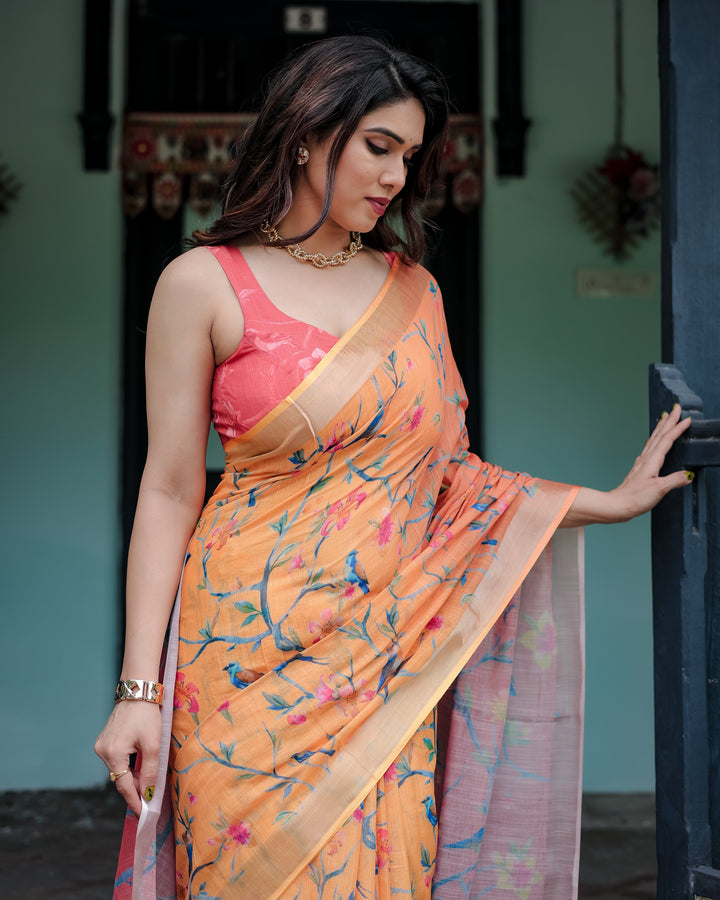 Peach and Orange Pure Cotton Linen Saree with Floral and Bird Print Blouse and Tassel Detailing LINEN H 101110