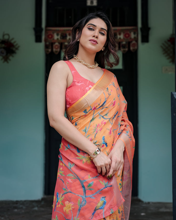 Peach and Orange Pure Cotton Linen Saree with Floral and Bird Print Blouse and Tassel Detailing LINEN H 101110