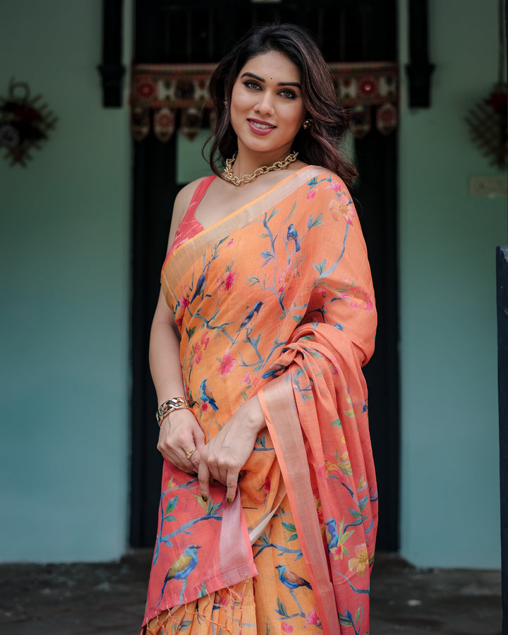 Peach and Orange Pure Cotton Linen Saree with Floral and Bird Print Blouse and Tassel Detailing LINEN H 101110
