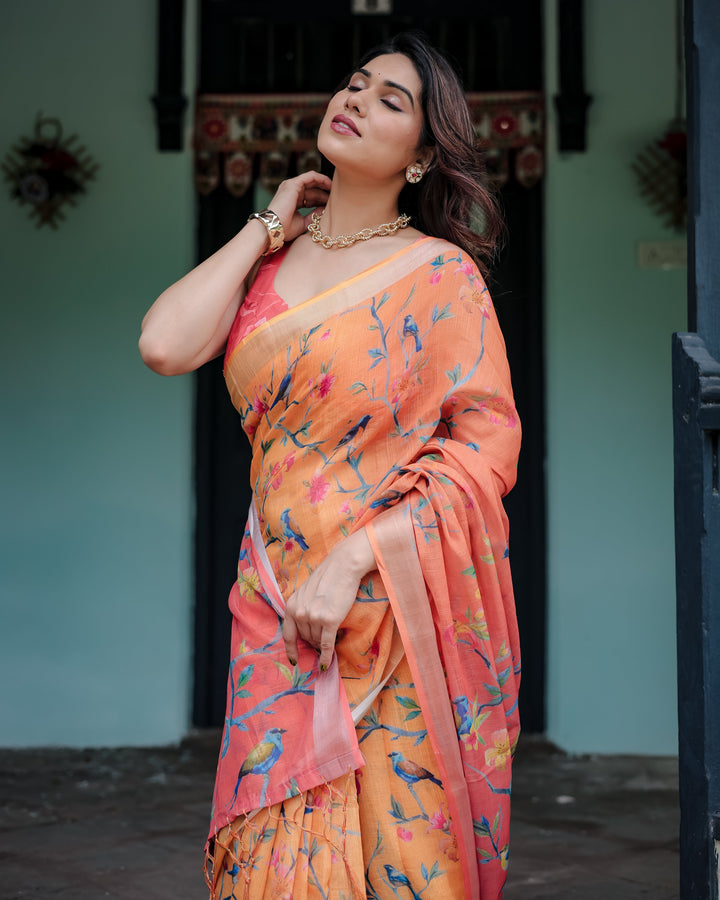 Peach and Orange Pure Cotton Linen Saree with Floral and Bird Print Blouse and Tassel Detailing LINEN H 101110