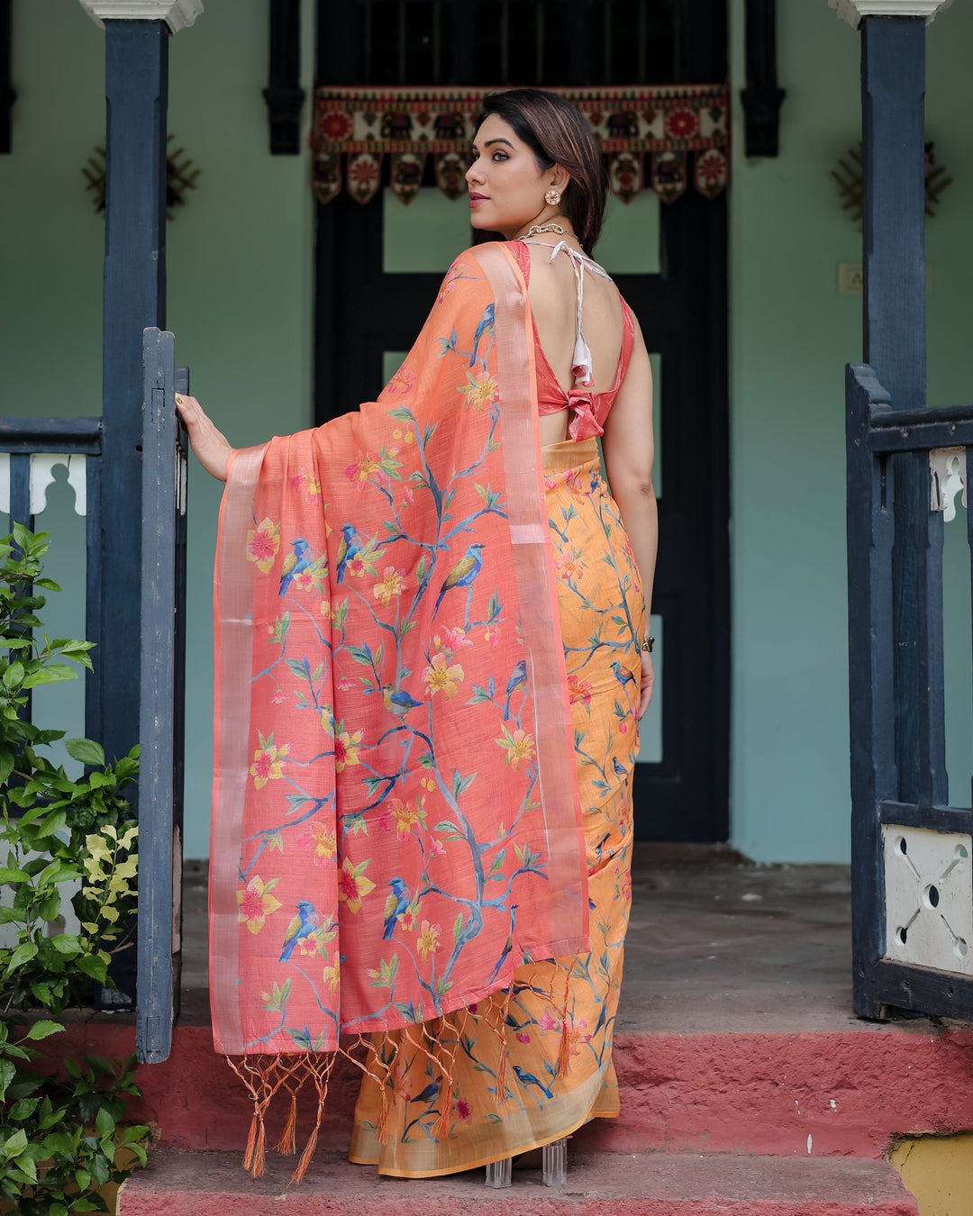 Peach and Orange Pure Cotton Linen Saree with Floral and Bird Print Blouse and Tassel Detailing LINEN H 101110