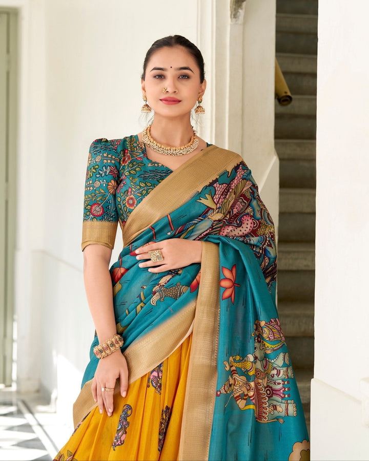Royal Mustard & Teal Kalamkari Print Tussar Silk Lehenga Set β¨ππ