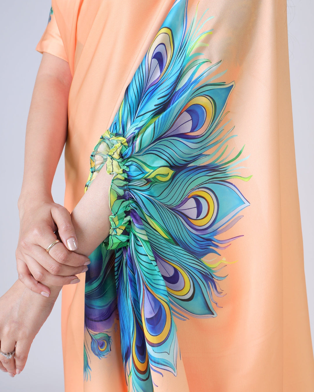 Peach Bliss Designer Freehand Peacock Print Saree in Georgette Satin – Ready to Wear