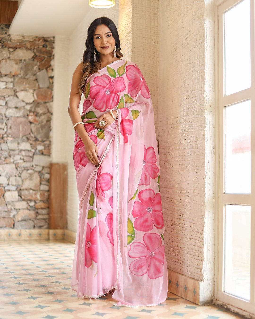 Blush Pink Georgette Saree with Oversized Hand-Painted Magenta Flowers & Bead Detailing – Attached Blouse – 5.5 Meters