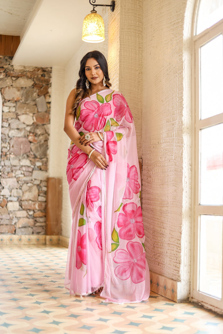 Blush Pink Georgette Saree with Oversized Hand-Painted Magenta Flowers & Bead Detailing – Attached Blouse – 5.5 Meters