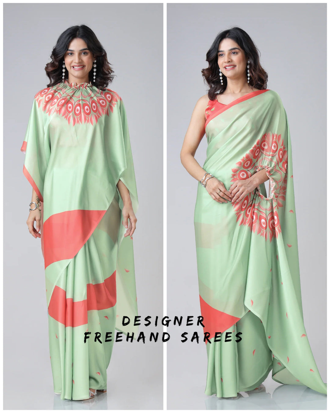 Mint Green & Coral Designer Freehand Printed Saree in Georgette Satin – Ready to Wear with Abstract Peacock Motif