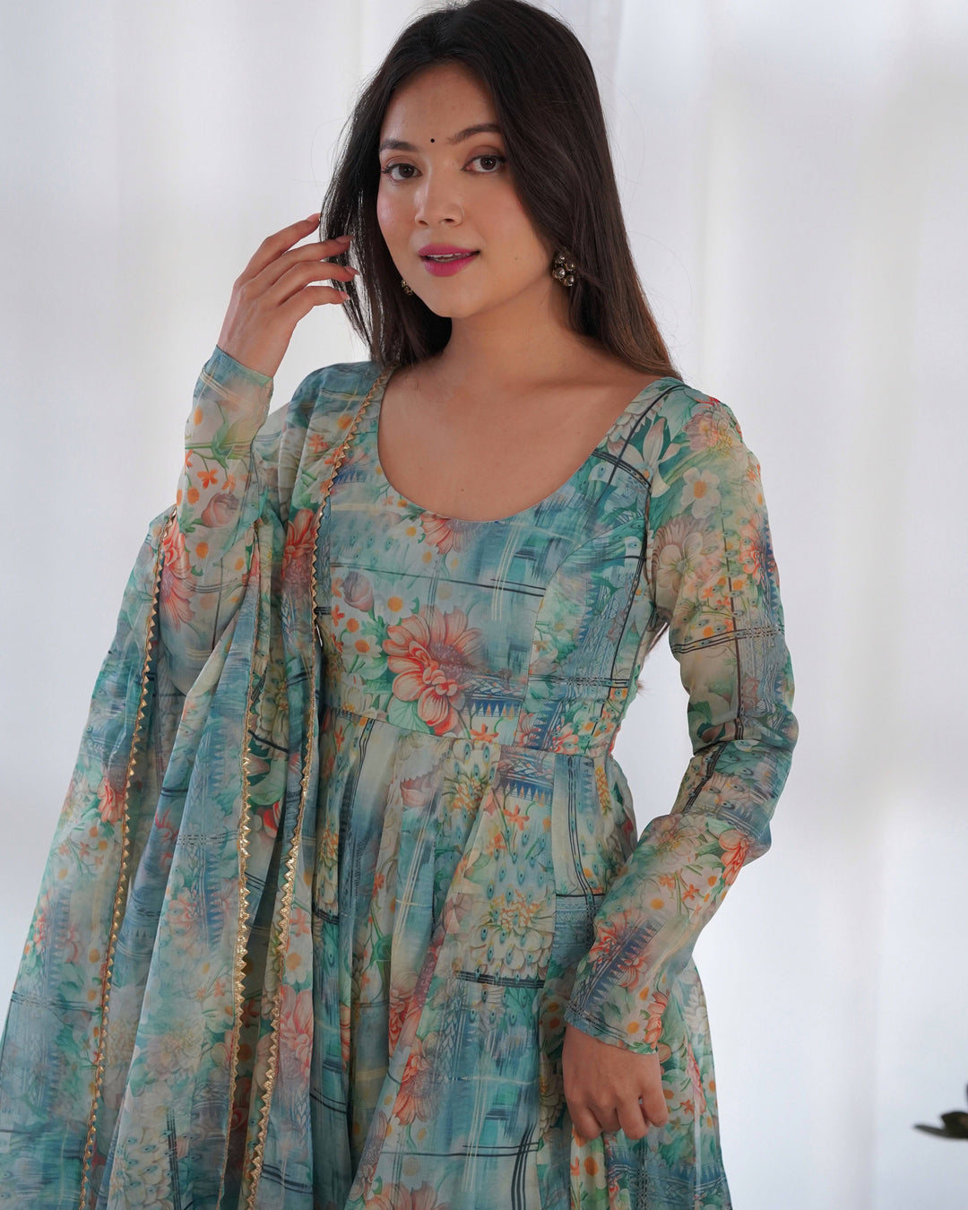 Vibrant Lightweight Anarkali Dress: Pure Soft Organza Silk, Fully Flared Kali Pattern with Dupatta and Pants β Perfect for Summer Festivities!