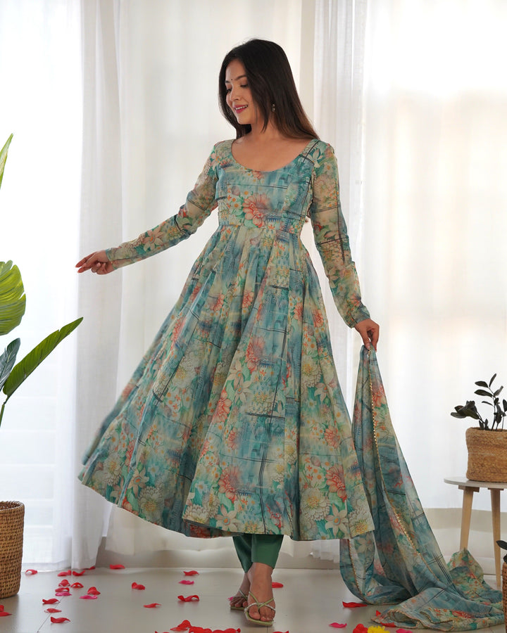 Vibrant Lightweight Anarkali Dress: Pure Soft Organza Silk, Fully Flared Kali Pattern with Dupatta and Pants β Perfect for Summer Festivities!