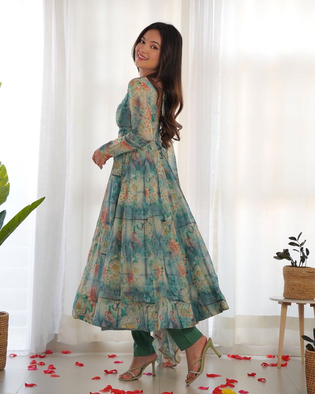 Vibrant Lightweight Anarkali Dress: Pure Soft Organza Silk, Fully Flared Kali Pattern with Dupatta and Pants β Perfect for Summer Festivities!