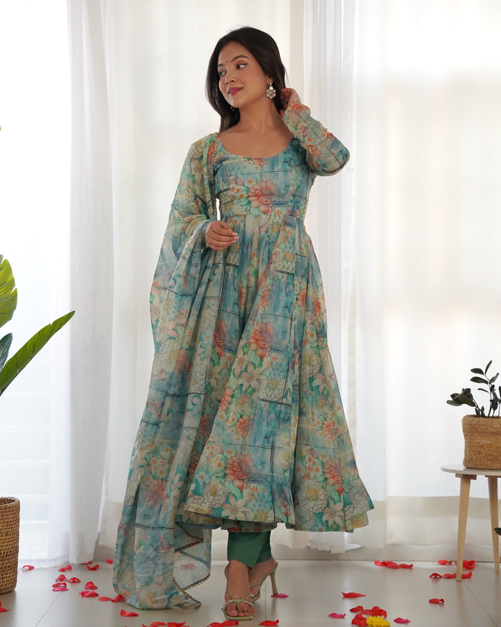 Vibrant Lightweight Anarkali Dress: Pure Soft Organza Silk, Fully Flared Kali Pattern with Dupatta and Pants β Perfect for Summer Festivities!