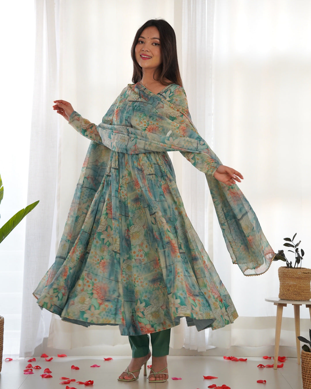 Vibrant Lightweight Anarkali Dress: Pure Soft Organza Silk, Fully Flared Kali Pattern with Dupatta and Pants β Perfect for Summer Festivities!