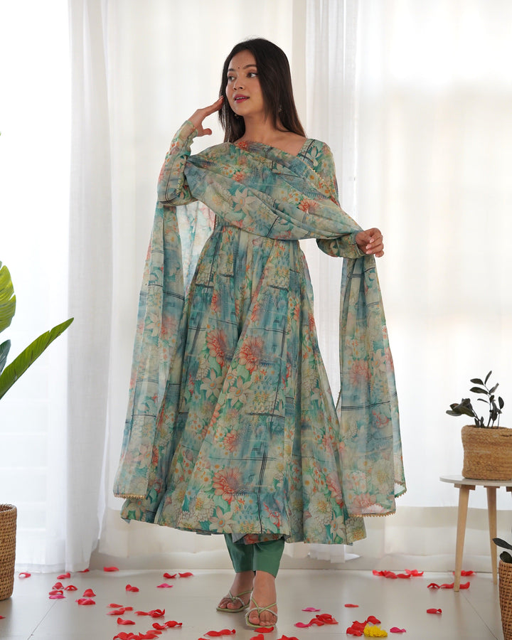 Vibrant Lightweight Anarkali Dress: Pure Soft Organza Silk, Fully Flared Kali Pattern with Dupatta and Pants β Perfect for Summer Festivities!