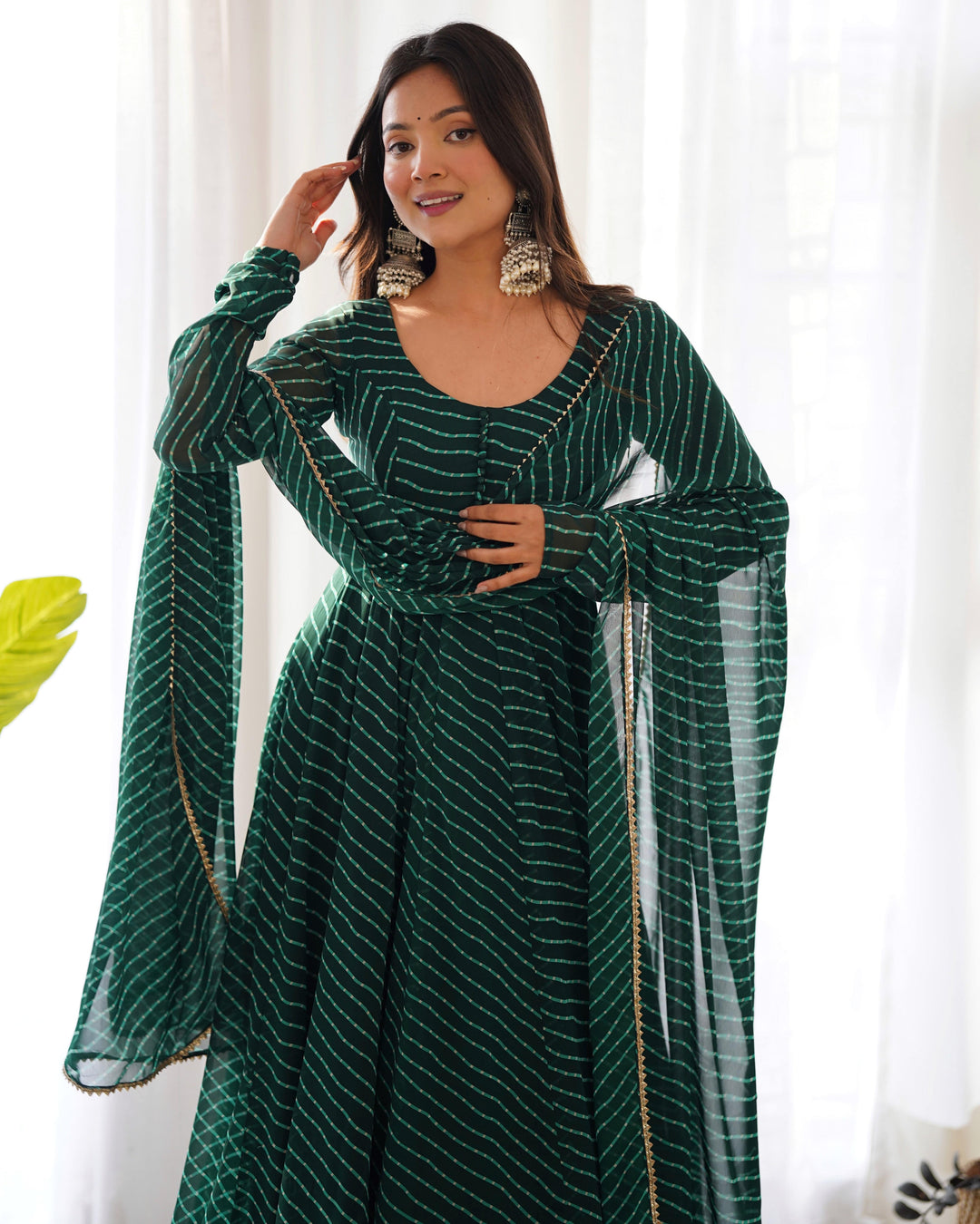 High-End Laheriya Print Anarkali Set with Dupatta & Pants β Perfect for Summer Weddings