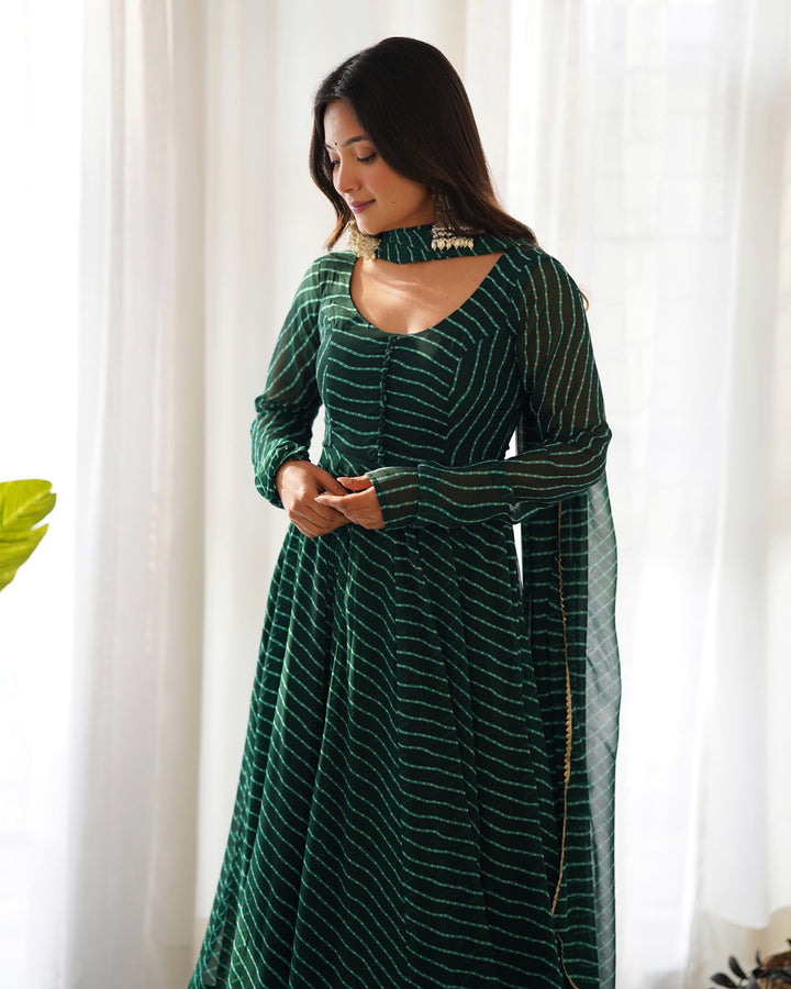 High-End Laheriya Print Anarkali Set with Dupatta & Pants β Perfect for Summer Weddings
