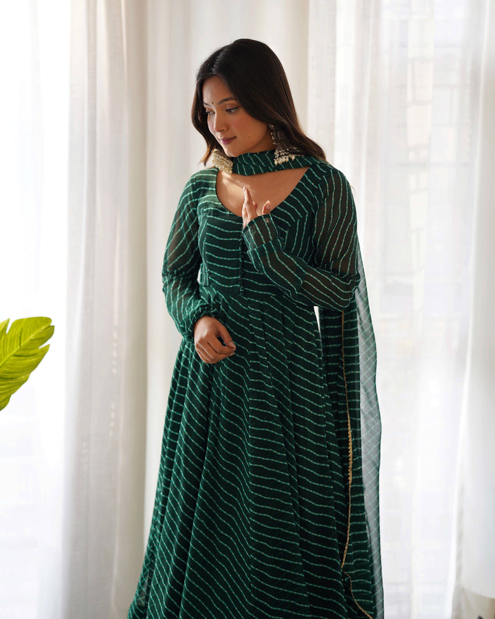 High-End Laheriya Print Anarkali Set with Dupatta & Pants β Perfect for Summer Weddings