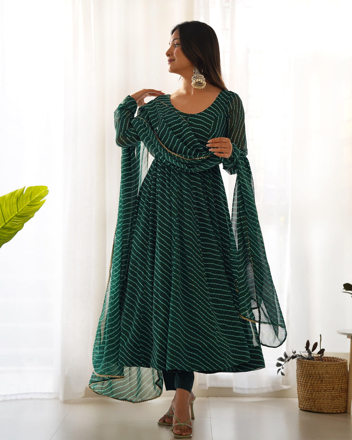 High-End Laheriya Print Anarkali Set with Dupatta & Pants β Perfect for Summer Weddings
