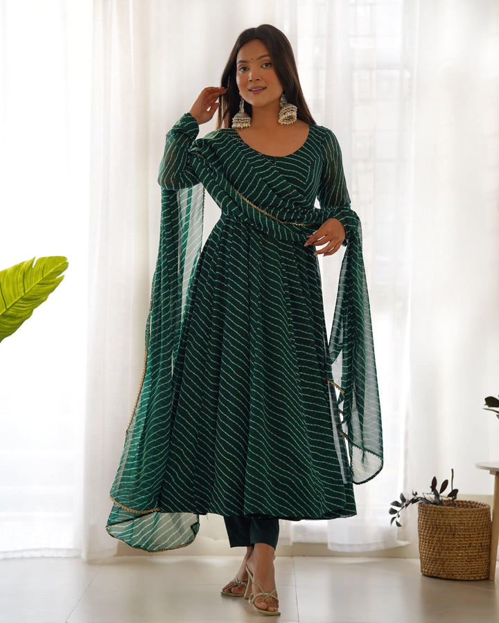 High-End Laheriya Print Anarkali Set with Dupatta & Pants β Perfect for Summer Weddings